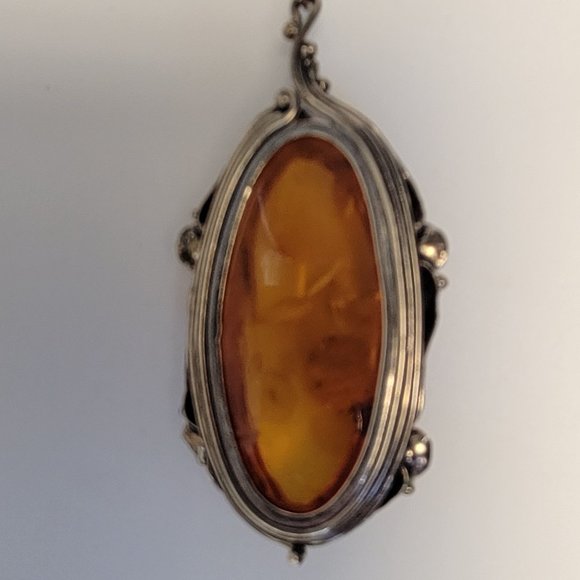 Vintage Sterling Chunky Large Oval Baltic Amber Pendant Art Nouveau Style Design - Picture 8 of 9